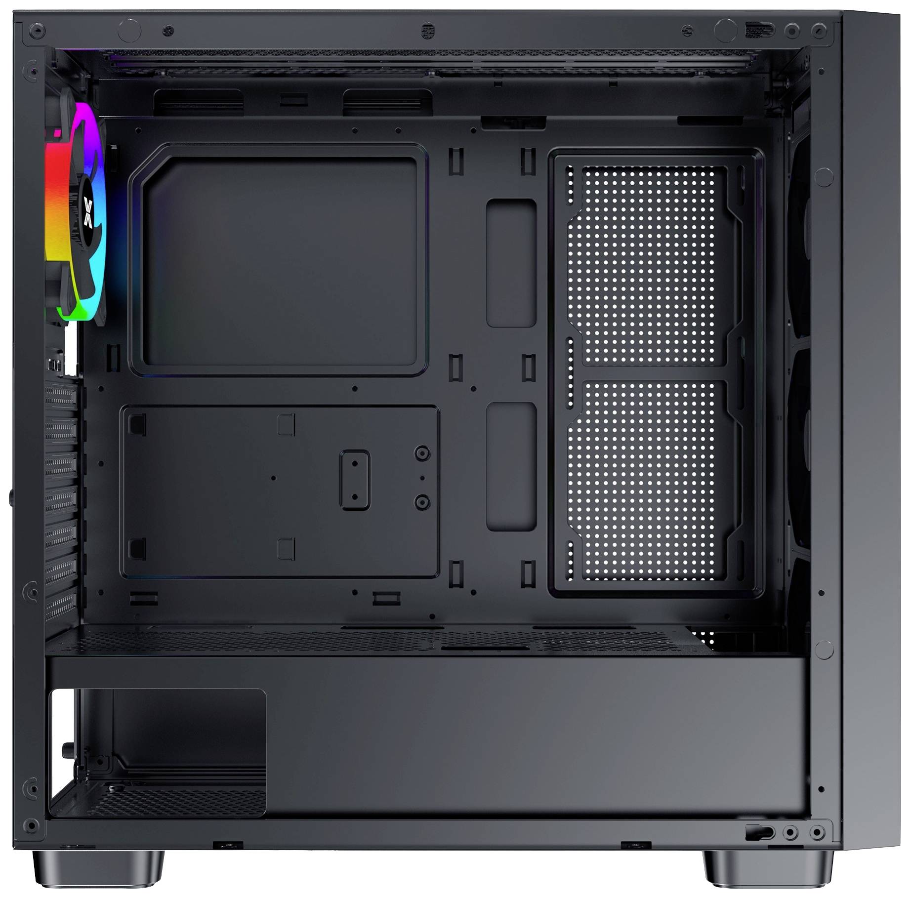 Leeres Computergehäuse, offen zur Ansicht. Sichtbar sind der Lüfter mit RGB-Beleuchtung und der Innenraum für Hardwarekomponenten.