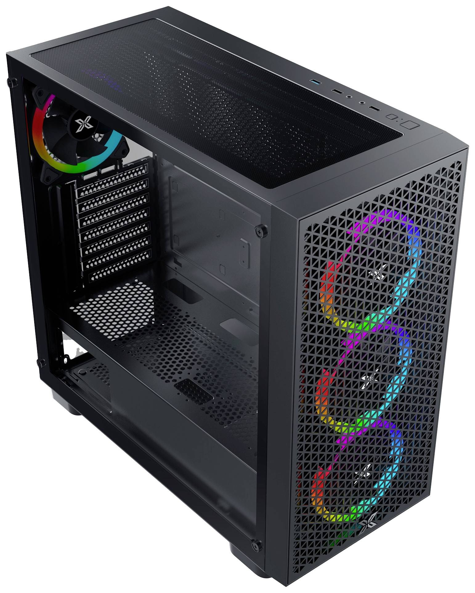 Schwarzes PC-Gehäuse mit transparentem Seitenfenster und RGB-beleuchteten Lüftern an der Vorderseite. Liegt seitlich auf einer weißen Oberfläche.