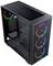 Schwarzes PC-Gehäuse mit transparentem Seitenfenster und RGB-beleuchteten Lüftern an der Vorderseite. Liegt seitlich auf einer weißen Oberfläche.