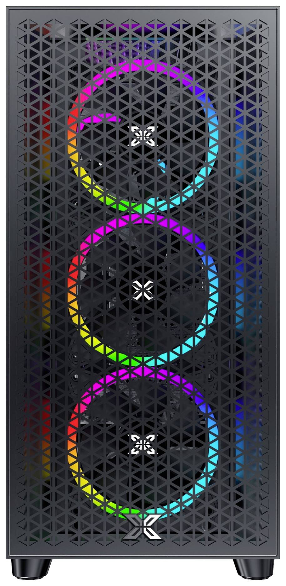 Schwarzes Computergehäuse mit drei vertikal angeordneten, leuchtenden RGB-Lüftern hinter einem Gitter auf der Vorderseite.