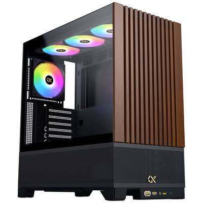 Ein leerer PC-Tower mit RGB-LED-Lüftern und einem modernen Design, das durch vertikale Holzpaneele akzentuiert wird.