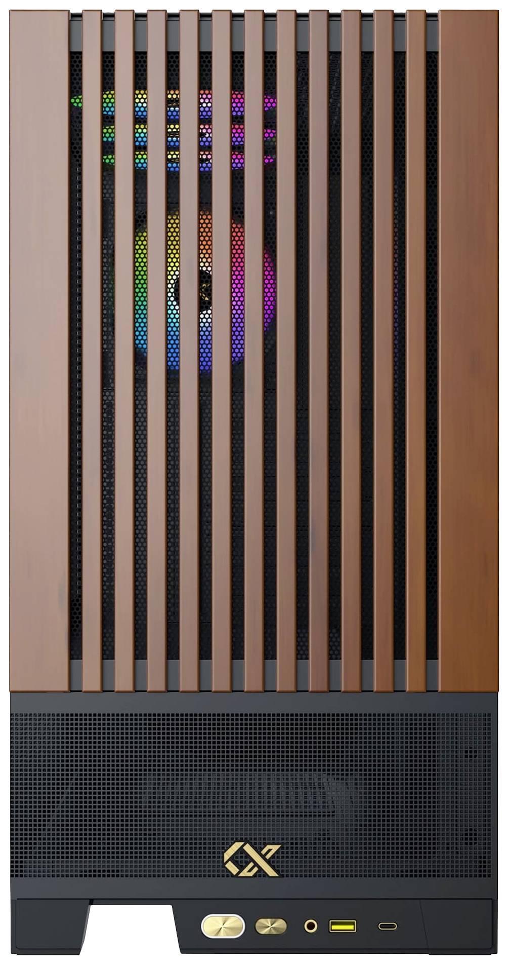 Ein Computergehäuse mit Holzfront und Metallgitter. Dahinter ist ein beleuchteter Lüfter mit mehreren Farben. Unten sind Anschlussmöglichkeiten.