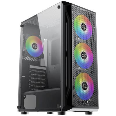 Computergehäuse mit vier RGB-Lüftern, drei vorne und einer hinten, zeigt Glasfenster und modernes Design.