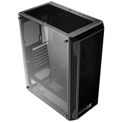 Schwarzes Computergehäuse mit einem transparenten Seitenfenster und Belüftungsöffnungen auf der Oberseite, geeignet für Gaming-Setups.