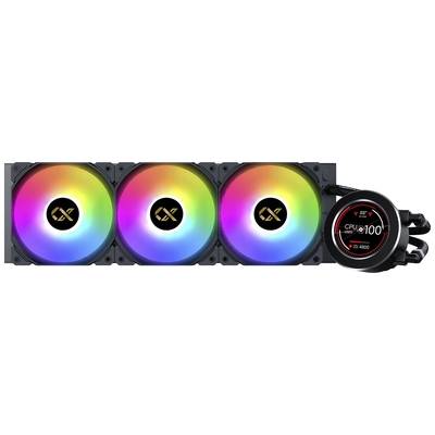 'Flüssigkeitskühler für PCs mit drei RGB-Lüftern und CPU-Temperaturanzeige. Zeigt CPU-Temperatur bei 40°C und 100% Auslastung.'