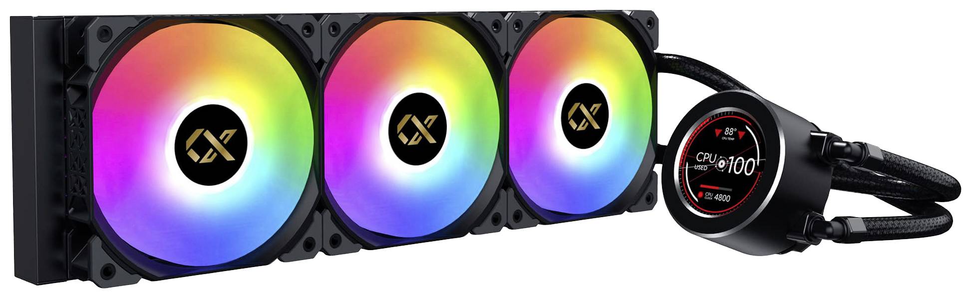 Dreifacher PC-Kühler mit beleuchteten Lüftern in Regenbogenfarben und runden Monitor rechts, zeigt CPU-Nutzung an.