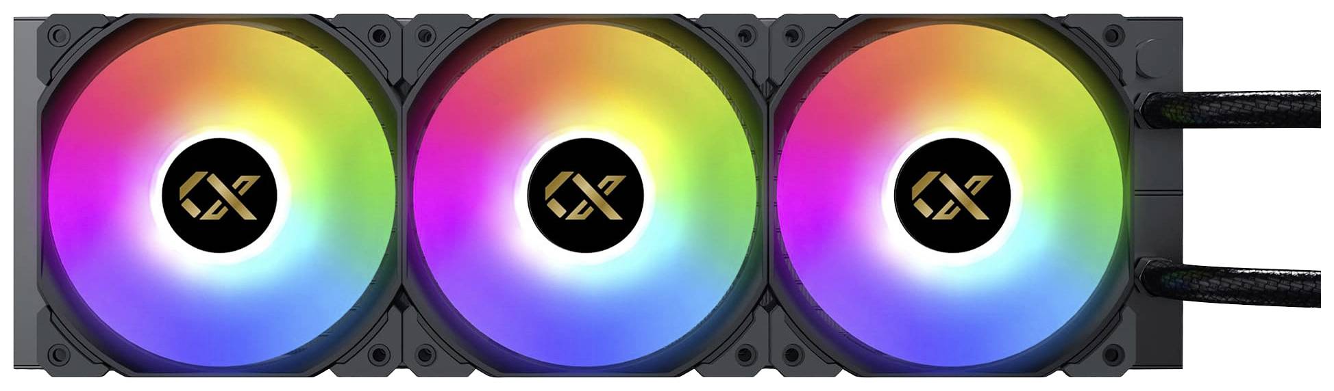 Drei computerbetriebene, leuchtend bunte Lüfter mit RGB-Beleuchtung in einer Reihe, die für Kühlungstechnologie verwendet werden.