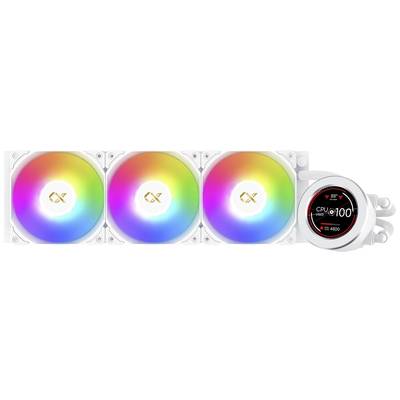 Weiße CPU-Wasserkühlung mit drei RGB-Lüftern. Zeigt auf einem Display die CPU-Temperatur bei 31 % und 100 °F, Geschwindigkeit: 2400 RPM.