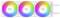 Drei weiße Computerlüfter mit RGB-Beleuchtung in Regenbogenfarben. Die Lüfter haben ein Logo in der Mitte.