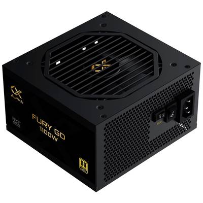 Schwarzes Computer-Netzteil 'Alpha Fury GD 1100W' mit Lüftergitter, seitlichem Logo und Leistungsschalter; 80 Plus Gold zertifiziert.