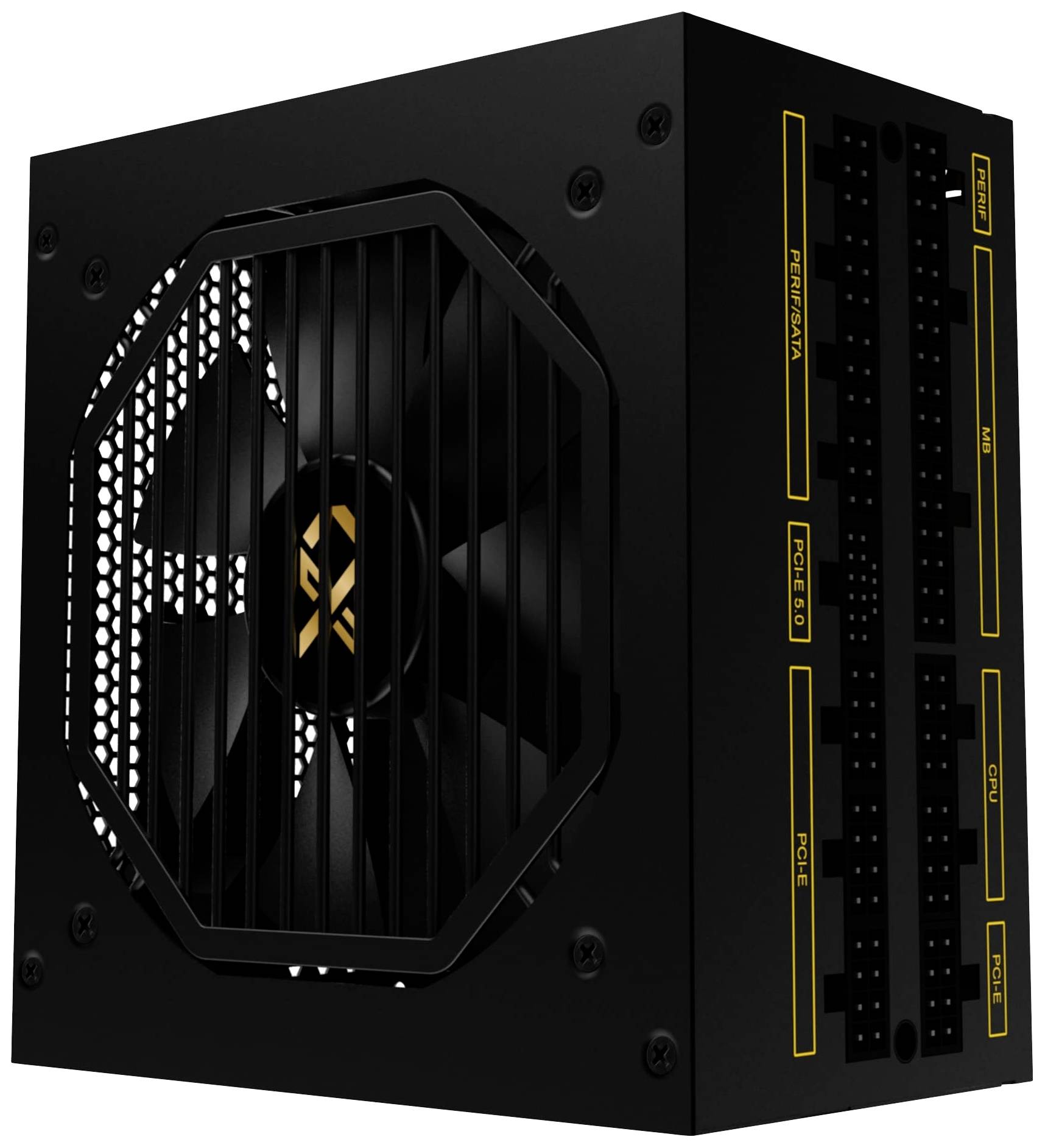 Ein schwarzes PC-Netzteil mit einem großen, sichtbaren Lüfter und mehreren modularen Anschlussports an der Seite.