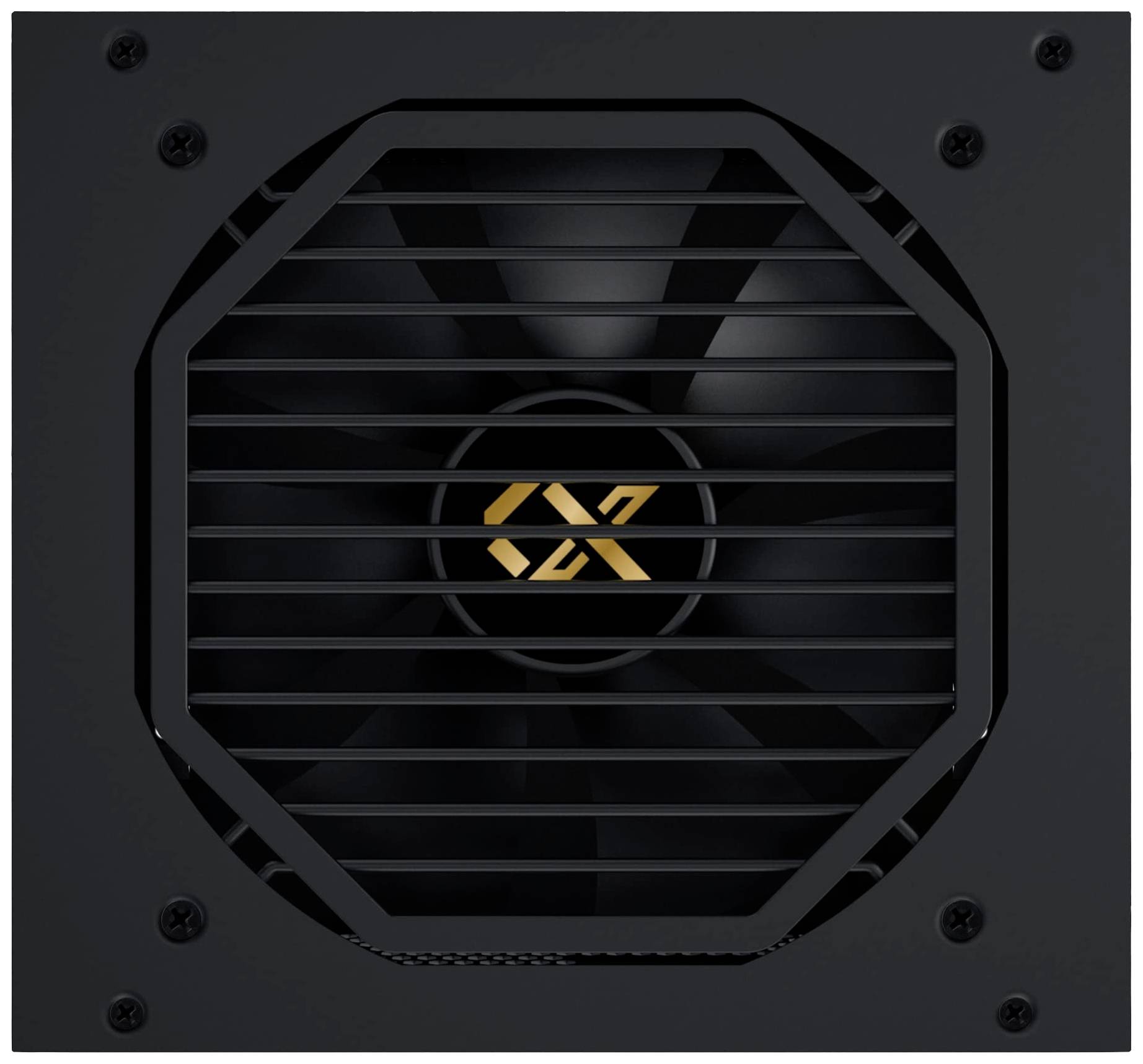 Ein schwarzes Computer-Netzteil mit Lüftergitter und einem gelben Logo in der Mitte.