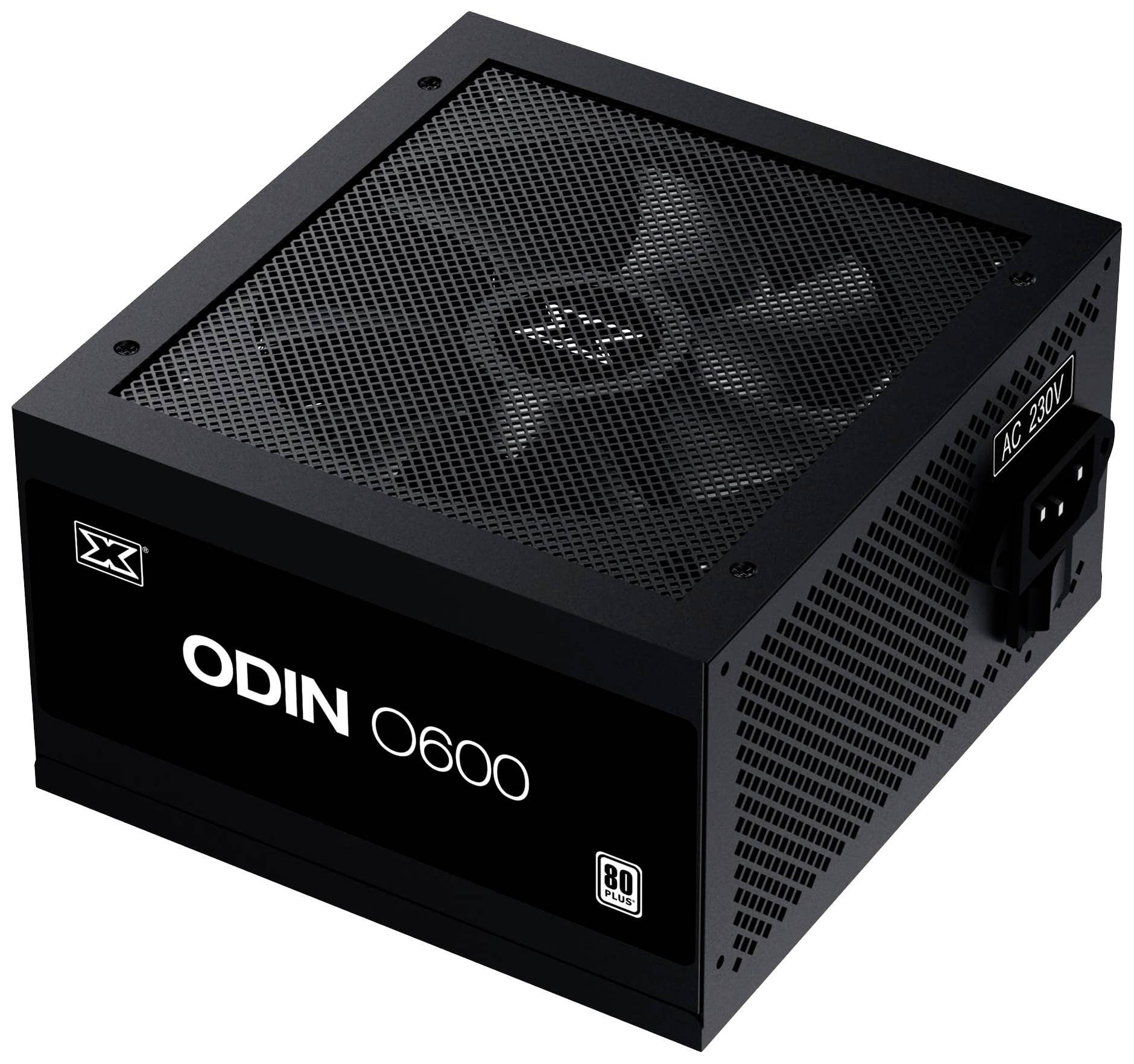 Ein schwarzes Computer-Netzteil mit der Aufschrift 'ODIN 600' und '80 Plus'-Zertifikat, geeignet für 230V AC.