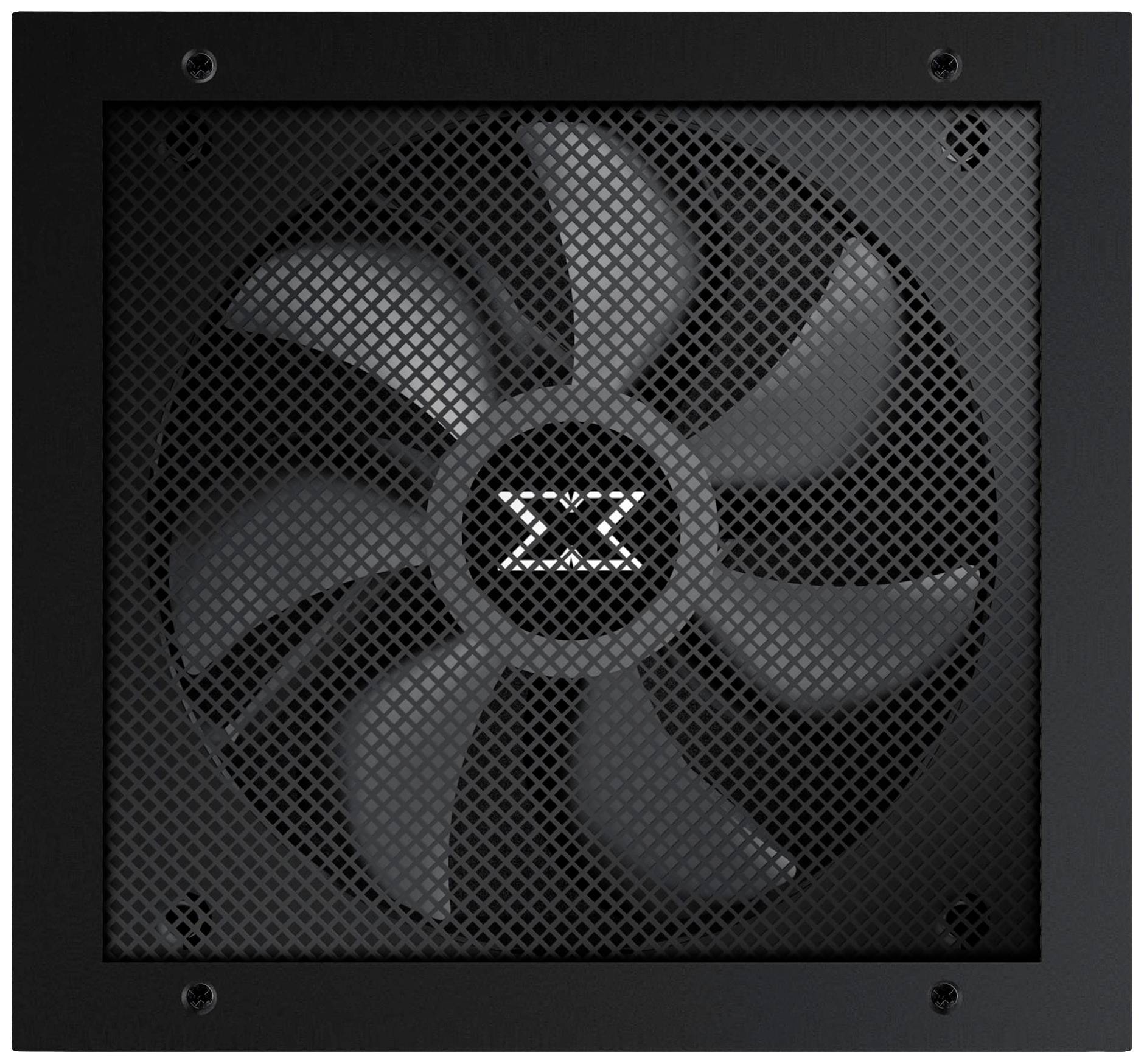 Ein schwarzer Computerlüfter mit Gitterabdeckung. Der Ventilator hat mehrere Blätter und ist zentral in einem quadratischen Gehäuse angebracht.