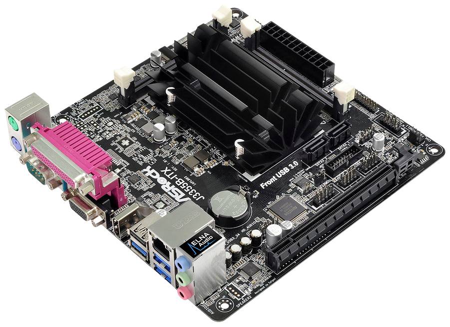 Eine ASRock Hauptplatine mit verschiedenen Anschlüssen, darunter USB, VGA und Audio. Markierung 'J3455B-ITX' auf der Platine.