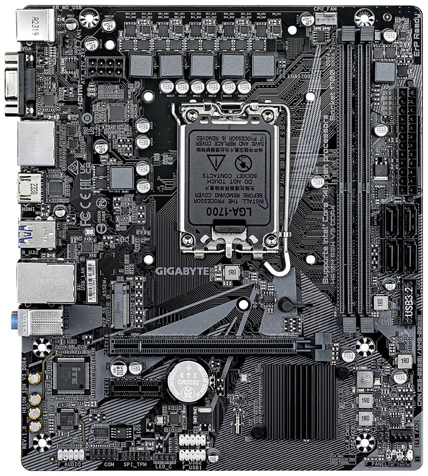 Eine schwarze Computer-Motherboard-Platine mit verschiedenen Steckplätzen, Chips und Anschlüssen, darunter RAM-Steckplätze und PCIe-Steckplätze.