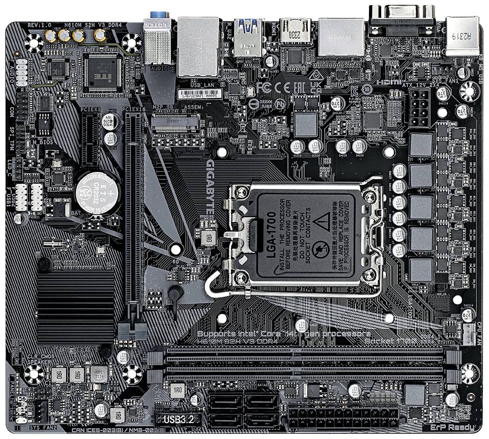Eine Computer-Mainboard-Platine mit einem Intel LGA1700 CPU-Sockel, mehreren Anschlussports und Steckplätzen für RAM-Module.