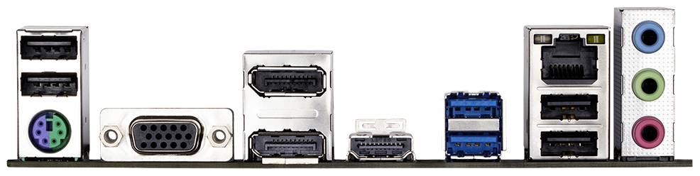 Rückseite eines Computers mit verschiedenen Anschlüssen, darunter USB, HDMI, Ethernet, VGA sowie Audioanschlüsse in mehreren Farben.