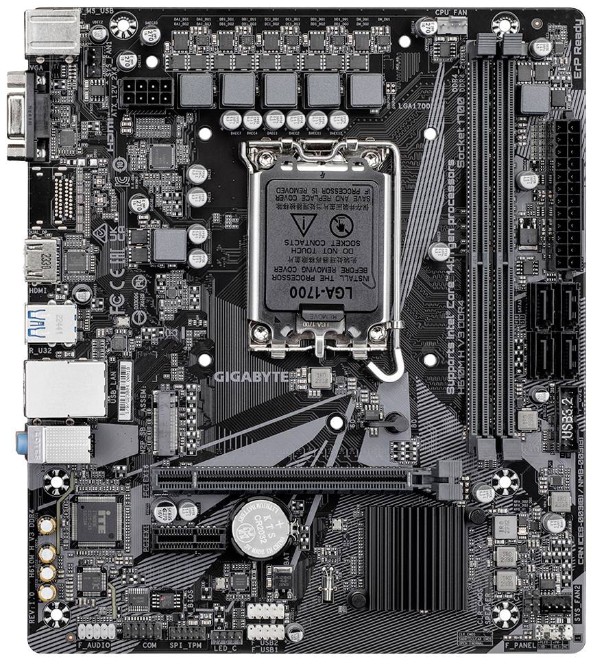 Eine Computer-Mainboard mit verschiedenen Anschlüssen und einem CPU-Sockel in der Mitte, präsentiert von der Marke Gigabyte.