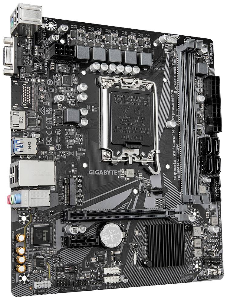 Mainboard von Gigabyte mit PCIe-Steckplätzen, RAM-Sockeln und CPU-Sockel. Designed für den Einsatz in Desktop-Computern.