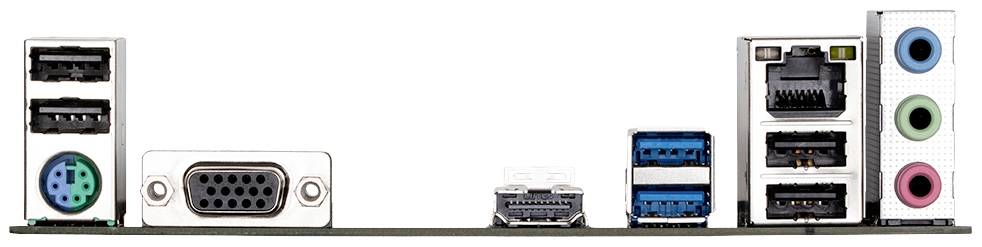 'Rückseite eines Computer-Motherboards mit Anschlüssen für USB, VGA, HDMI, Ethernet und Audiobuchsen, geordnet von links nach rechts.'