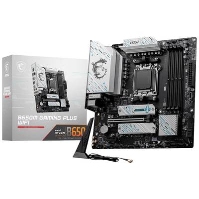Abgebildet ist ein MSI B650M Gaming Plus WiFi-Mainboard neben der Verpackung. Zu sehen sind Kühlkörper, RAM-Steckplätze und Anschlüsse.
