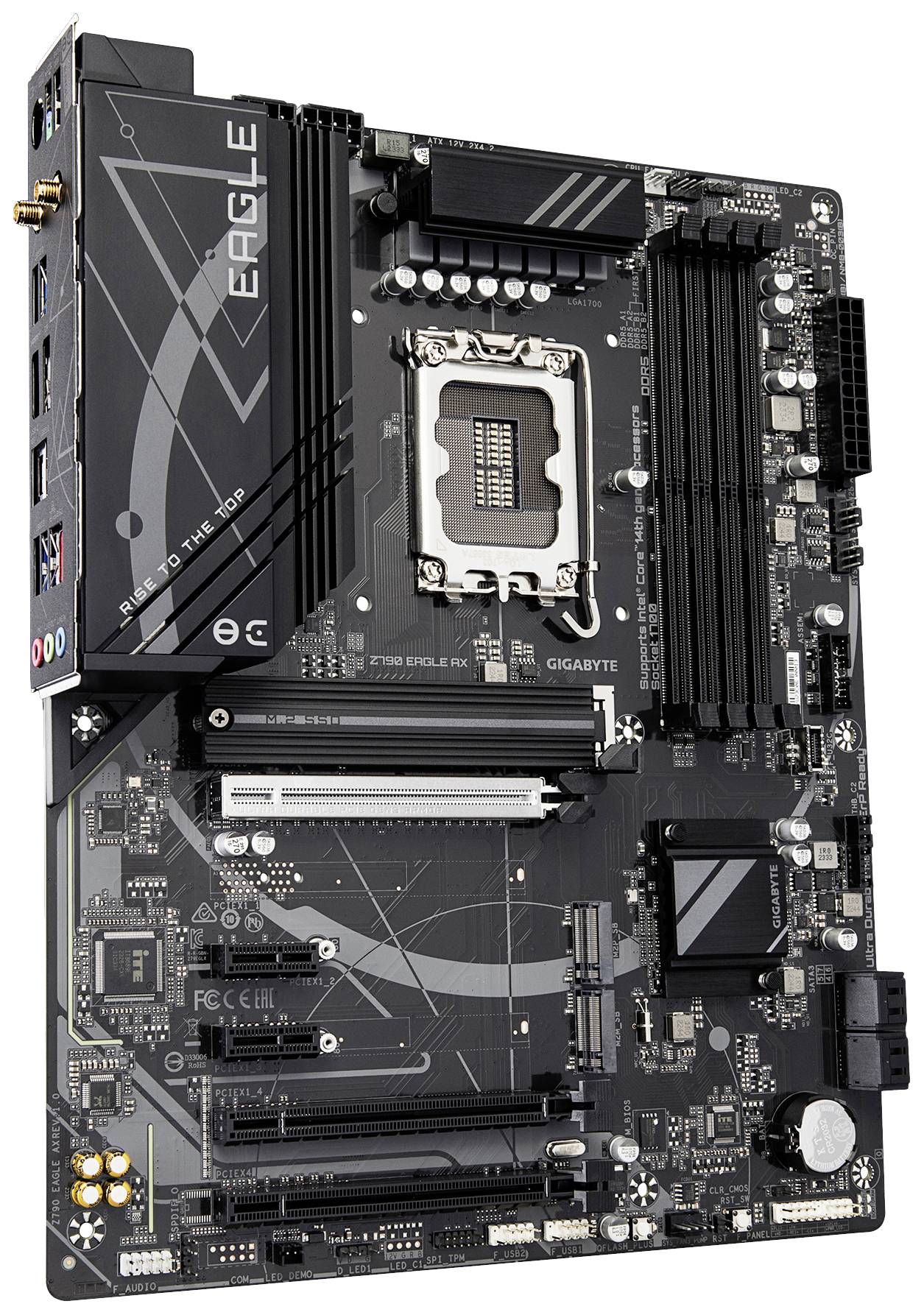 Schwarzes Computer-Motherboard mit mehreren RAM-Steckplätzen, CPU-Sockel in der Mitte, Ausgänge und Eingänge an der linken Seite. Markenname 'Eagle'.