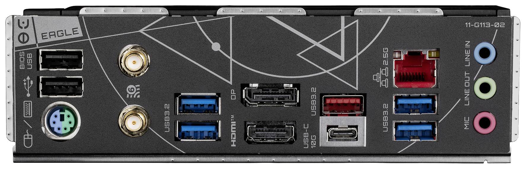 Eine Computer-Hauptplatine mit mehreren Anschlüssen: USB, HDMI, Netzwerk, Audio. Design mit geometrischen Linien.