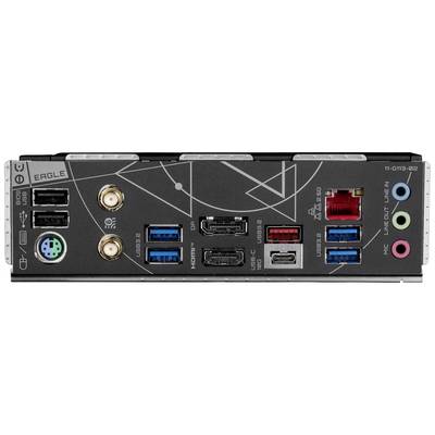 Eine Computer-Hauptplatine mit mehreren Anschlüssen: USB, HDMI, Netzwerk, Audio. Design mit geometrischen Linien.