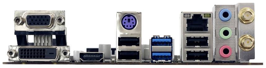 Anschlüsse eines Computer-Mainboards: VGA, DVI, HDMI, PS/2, USB 2.0, USB 3.0, Netzwerk, Audio (grün, blau, pink).