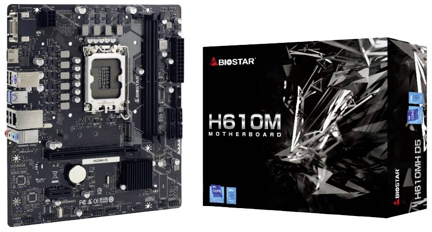 Abbildung eines Biostar H610M Motherboards neben der Produktverpackung. Die Verpackung zeigt ein geometrisches, futuristisches Design.