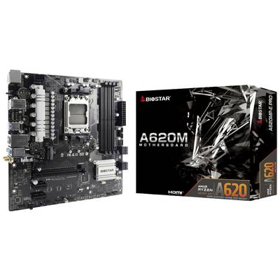 Mainboard der Marke Biostar Modell A620M neben Verpackung. Unterstützt AMD Ryzen-Prozessoren, HDMI-Anschluss hervorgehoben.