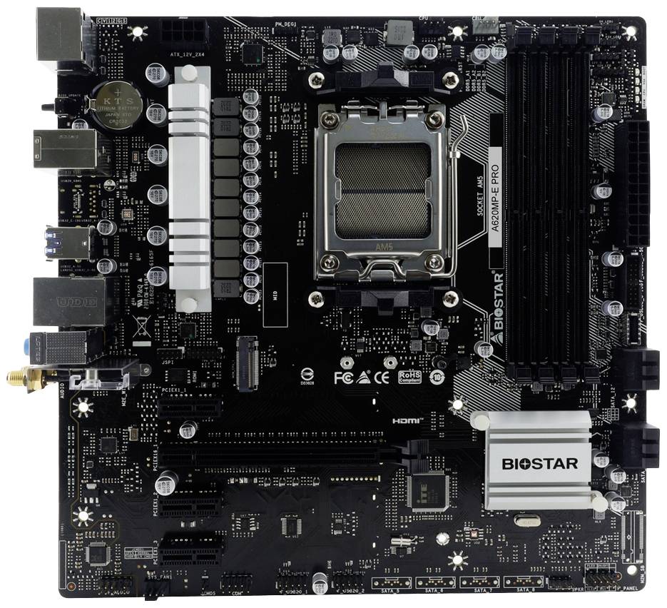 Die Abbildung zeigt eine Biostar-Motherboard-Platine mit mehreren Steckplätzen und Anschlüssen zur Installation von Computerkomponenten.