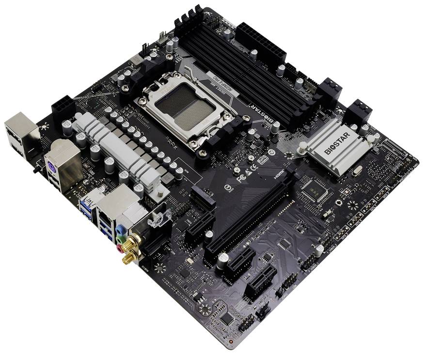 'Mainboard mit verschiedenen Anschlüssen und Steckplätzen. Enthält CPU-Steckplatz, RAM-Slots und diverse Schnittstellen für Erweiterungen.'