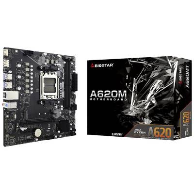 'Biostar A620M Motherboard' mit Verpackung. Die Verpackung hebt Ryzen-Kompatibilität und HDMI-Unterstützung hervor.