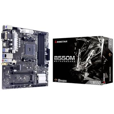 Eine Biostar B550M Hauptplatine neben der Verpackung. Die Hauptplatine zeigt verschiedene Anschlüsse und Steckplätze für Computerkomponenten.