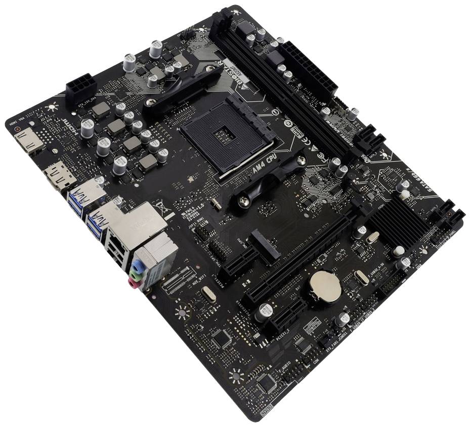 Schwarzes Computer-Mainboard mit verschiedenen Anschlüssen und Steckplätzen für Komponenten, darunter eine CPU-Sockel und RAM-Steckplätze.