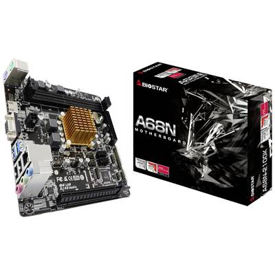 Eine Biostar A68N-Motherboard vor einer Verpackung mit dem gleichen Branding; hervorgehoben sind Anschlüsse und Kühlkörper.