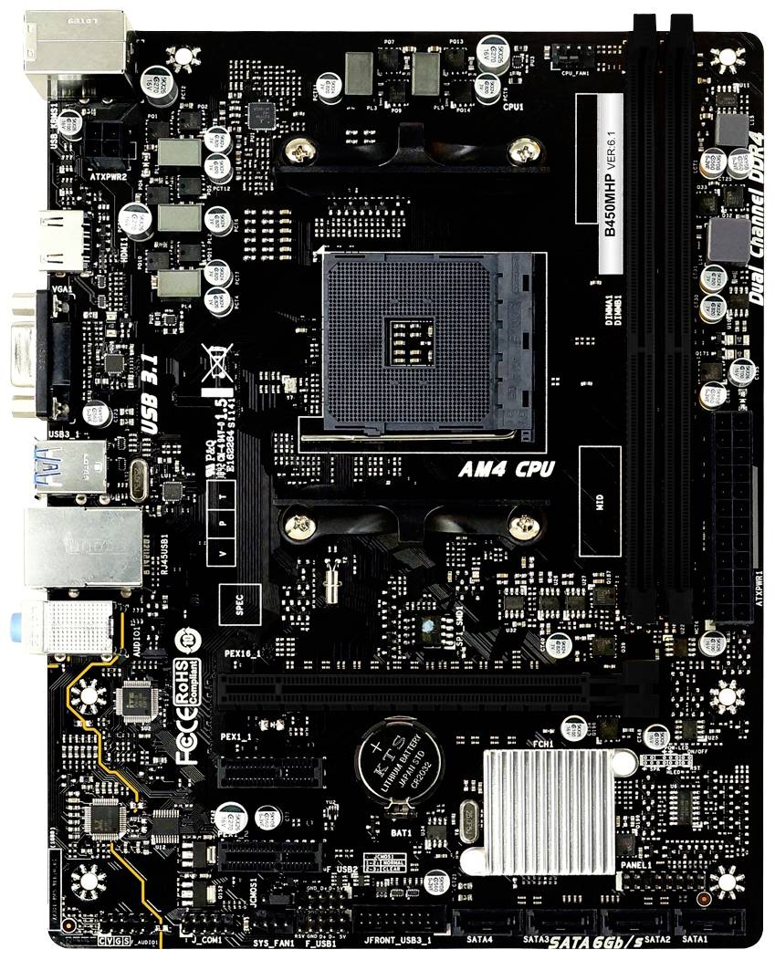 Eine schwarze AM4-Motherboard-Platine mit USB-Anschluss, RAM-Steckplätzen und CPU-Sockel. Unterstützt verschiedene Erweiterungs- und Stromanschlüsse.