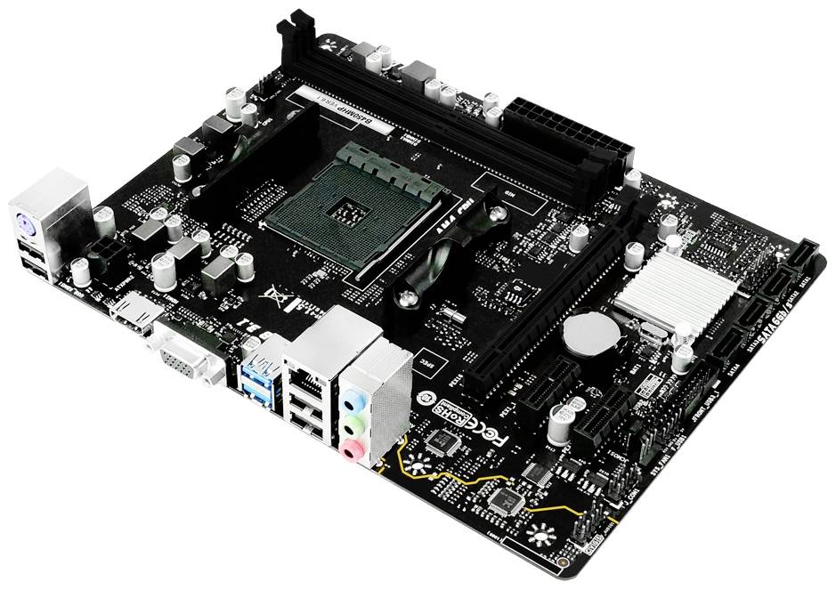 Das Bild zeigt eine schwarze Computer-Motherboard-Platine mit verschiedenen Anschlüssen und einem zentralen Prozessorplatz.