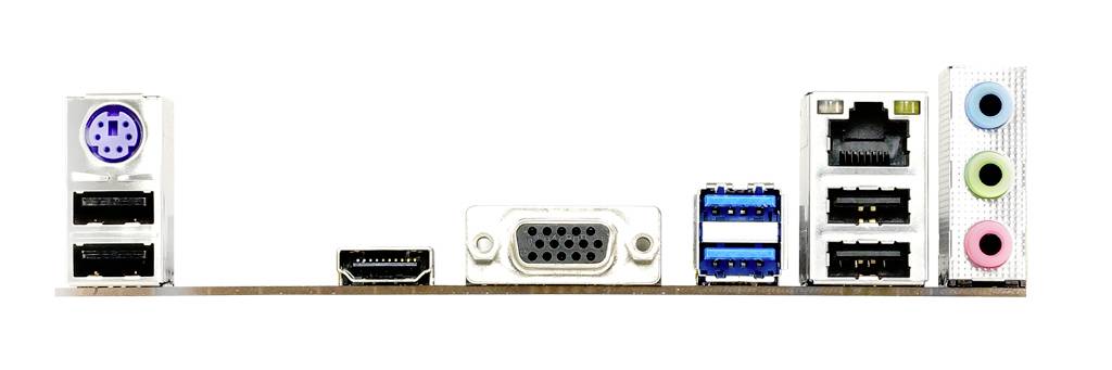 'Computer-Motherboard-Anschlüsse: PS/2, USB, HDMI, VGA, USB 3.0, Ethernet, Audio. Zeigt Anschlussmöglichkeiten auf Rückseite eines Geräts.'