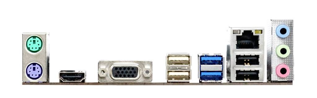 'Rückseite einer Computer-Motherboard-Anschlussleiste mit PS/2, HDMI, VGA, USB, Ethernet und Audioanschlüssen.'
