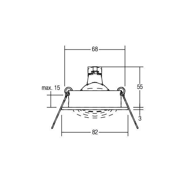 Technische Zeichnung eines Deckenstrahlers mit Abmessungen: Breite 82 mm, Höhe 55 mm, Einbautiefe 68 mm, maximaler Abstand 15 mm.