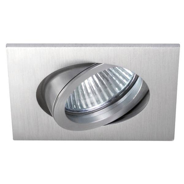 Kardanische Einbaustrahlerleuchte aus gebürstetem Aluminium mit verstellbarem rundem Leuchtenkopf auf rechteckiger Basis.