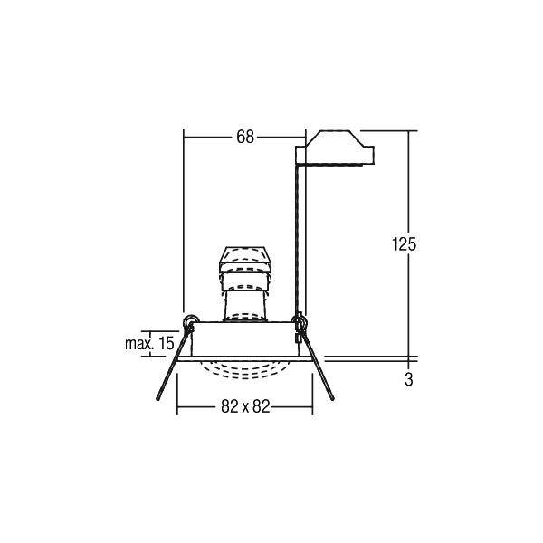 Technische Zeichnung einer Beleuchtungseinrichtung mit den Maßen: Breite 68 mm, Höhe 125 mm, und maximal 15 mm Tiefe.