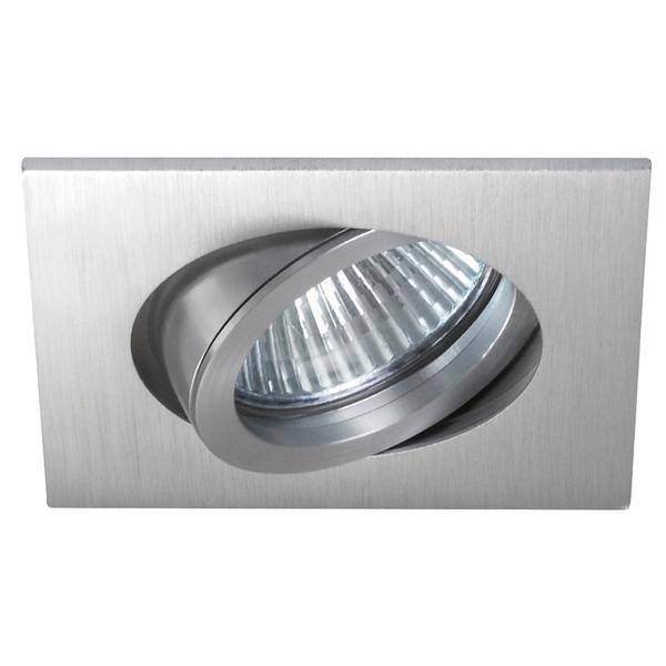 Rechteckiger LED-Einbaustrahler aus gebürstetem Metall mit verstellbarem, kreisförmigem Leuchtmittel, geeignet für Innenbeleuchtung.