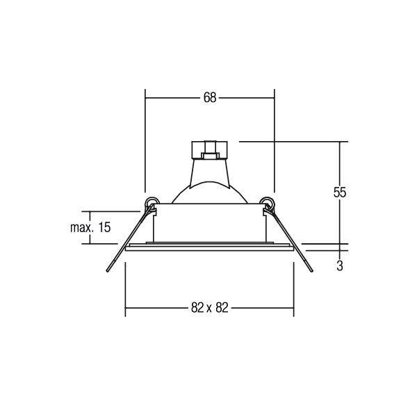 Diagramm eines Einbauleuchten-Schnitts mit Maßen: Breite 68 mm, Höhe 55 mm, max. Tiefe 15 mm, Außenmaße 82 x 82 mm.