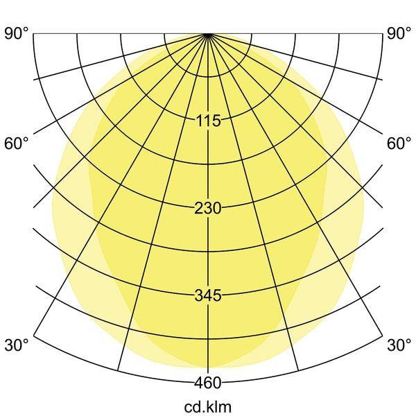 Polardiagramm zeigt Lichtverteilung in Gelb; Winkel in Grad von 0° bis 180° markiert; Intensitätsskala in cd/klm bis 460.