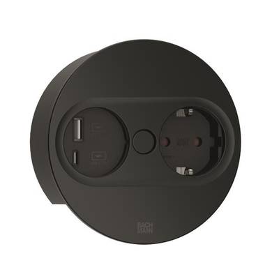 Schwarze Steckdose mit zwei USB-Anschlüssen und einem Schuko-Stecker auf einer runden Platte. Ideal für moderne Elektroinstallationen.