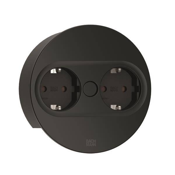 Schwarze, runde Steckdosenleiste mit zwei Steckplätzen, geeignet für flexible Stromversorgung in modernen Umgebungen.
